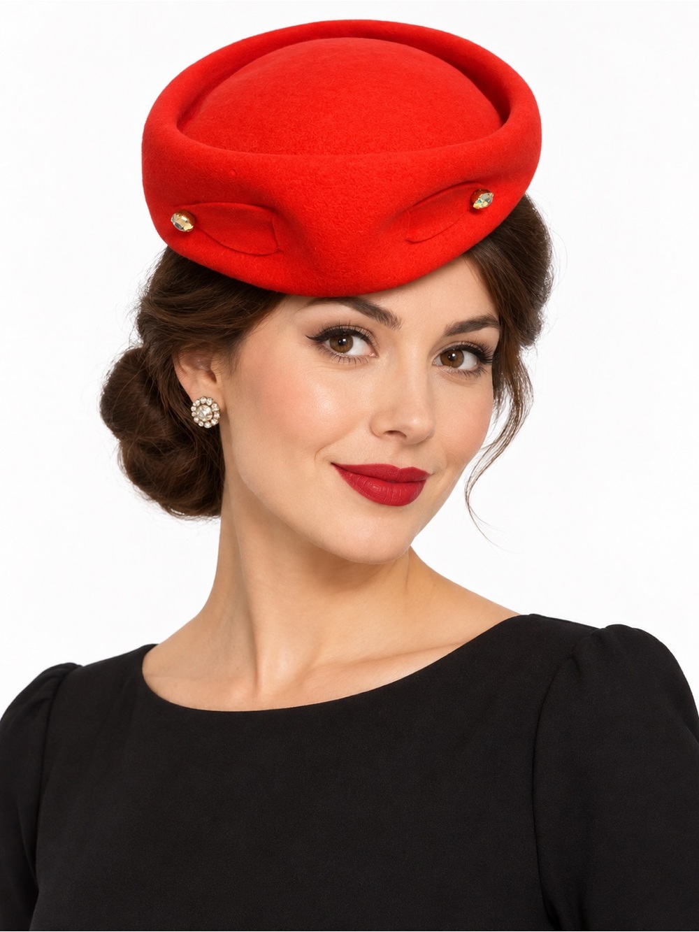 Vintage Le Charme Creations Red Pillbox Hat Rhinestone Accent